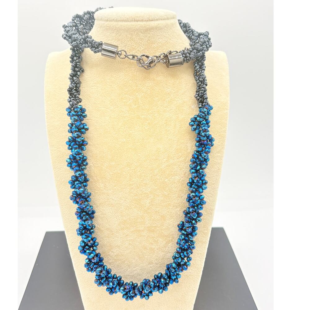Artisan Beaded Necklace Gunmetal Seed Beads & Sparkling Cobalt Glass Clusters